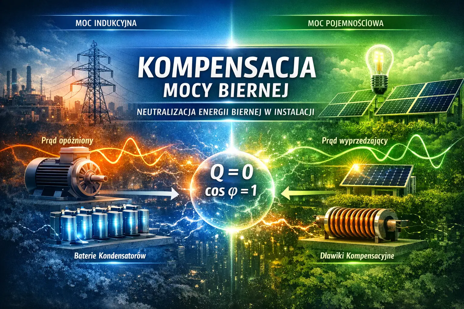 Kompensacja mocy biernej – schemat równoważenia mocy indukcyjnej i pojemnościowej w instalacji elektrycznej